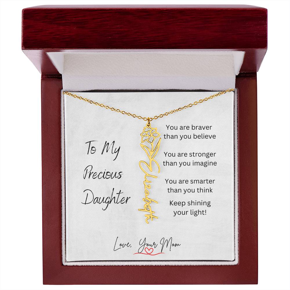 Flower Birth Month Necklace with Personalized Name and Special Message "To My Precious Daughter"