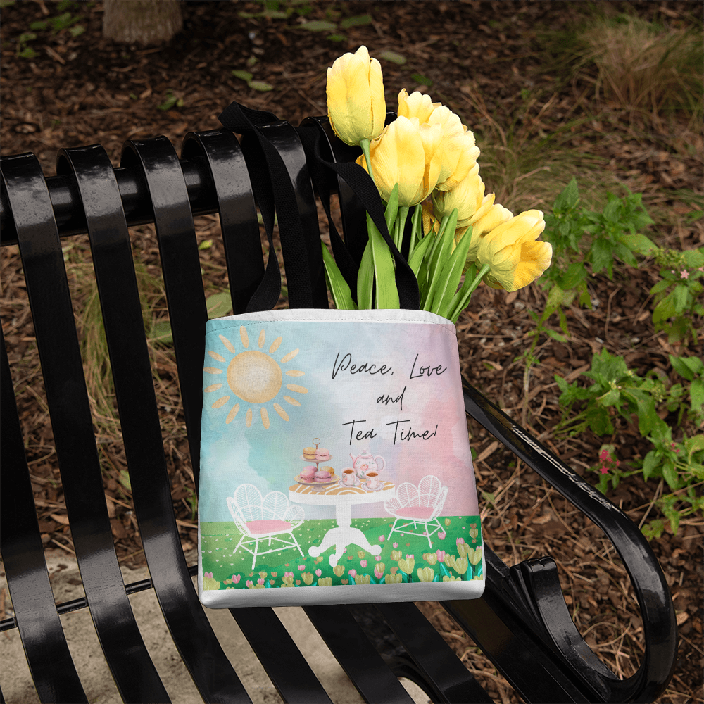 "Peace, Love, and Tea Time" - Brewed with Love Tote Bag