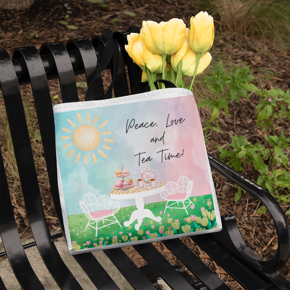 "Peace, Love, and Tea Time" - Brewed with Love Tote Bag