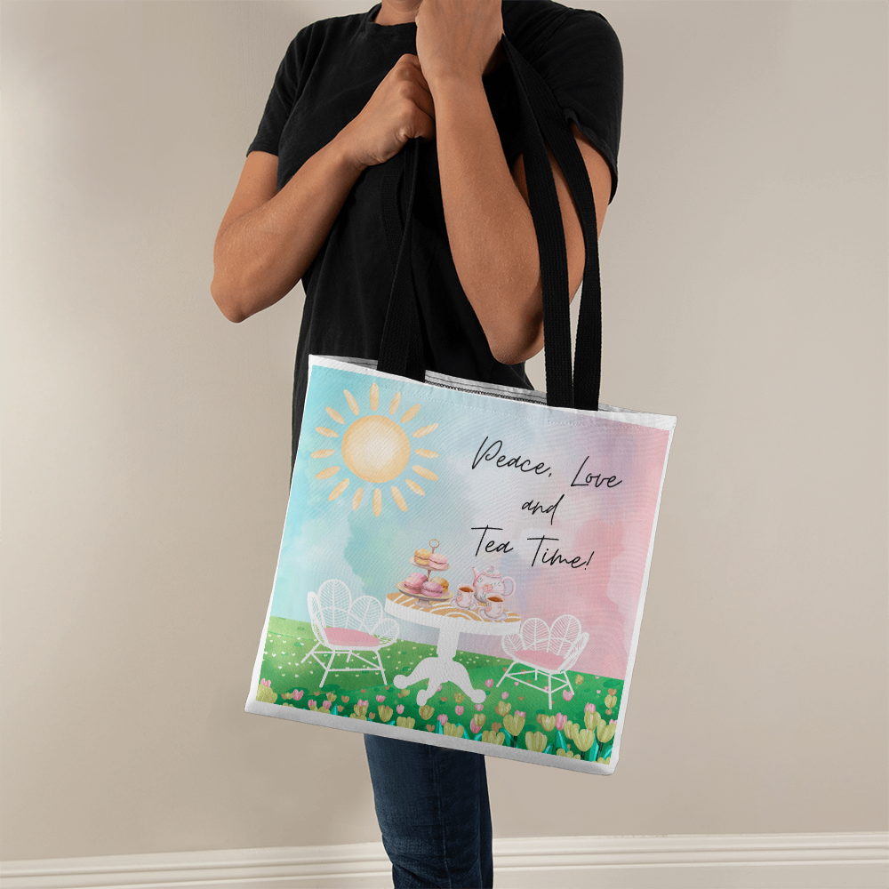 "Peace, Love, and Tea Time" - Brewed with Love Tote Bag