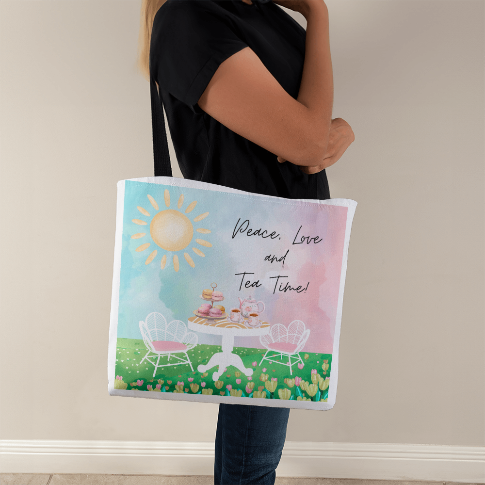 "Peace, Love, and Tea Time" - Brewed with Love Tote Bag