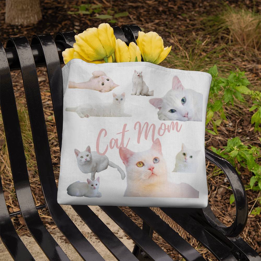 "Cat Mom" - White Cat Canvas Tote Bag