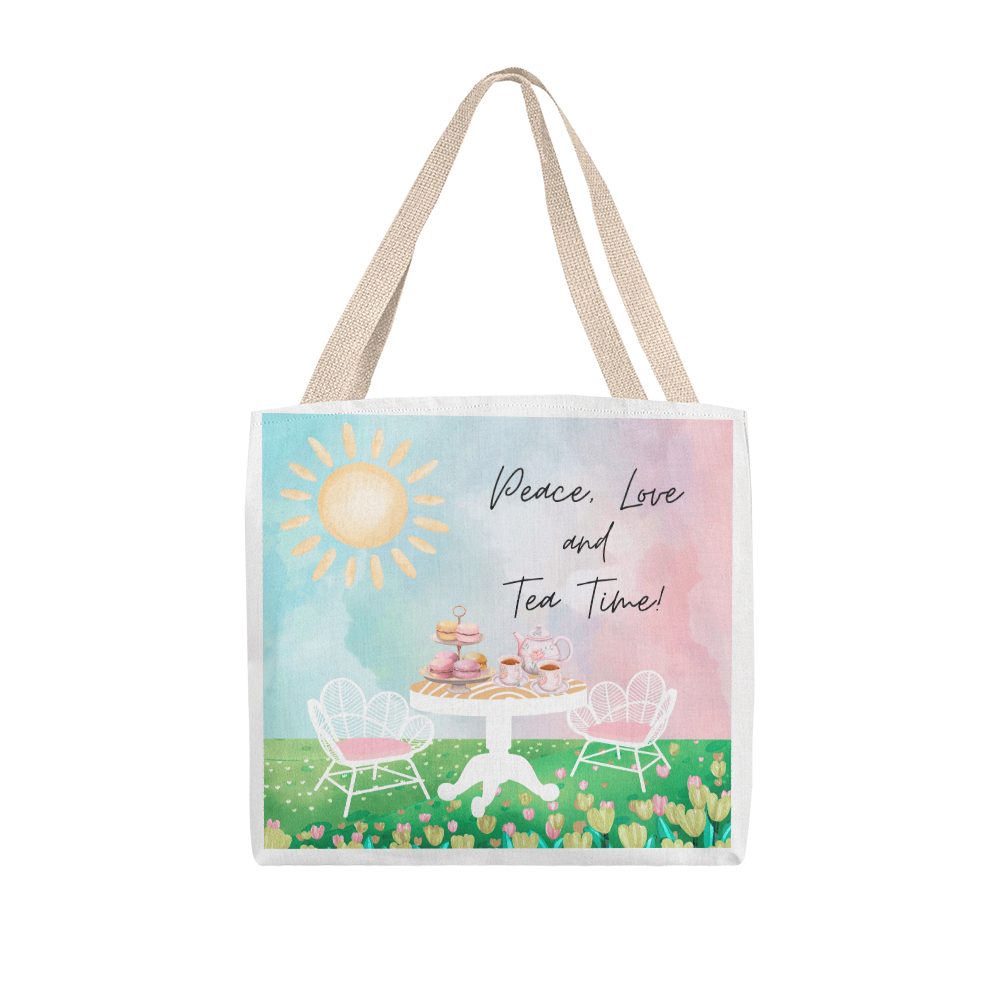 "Peace, Love, and Tea Time" - Brewed with Love Tote Bag