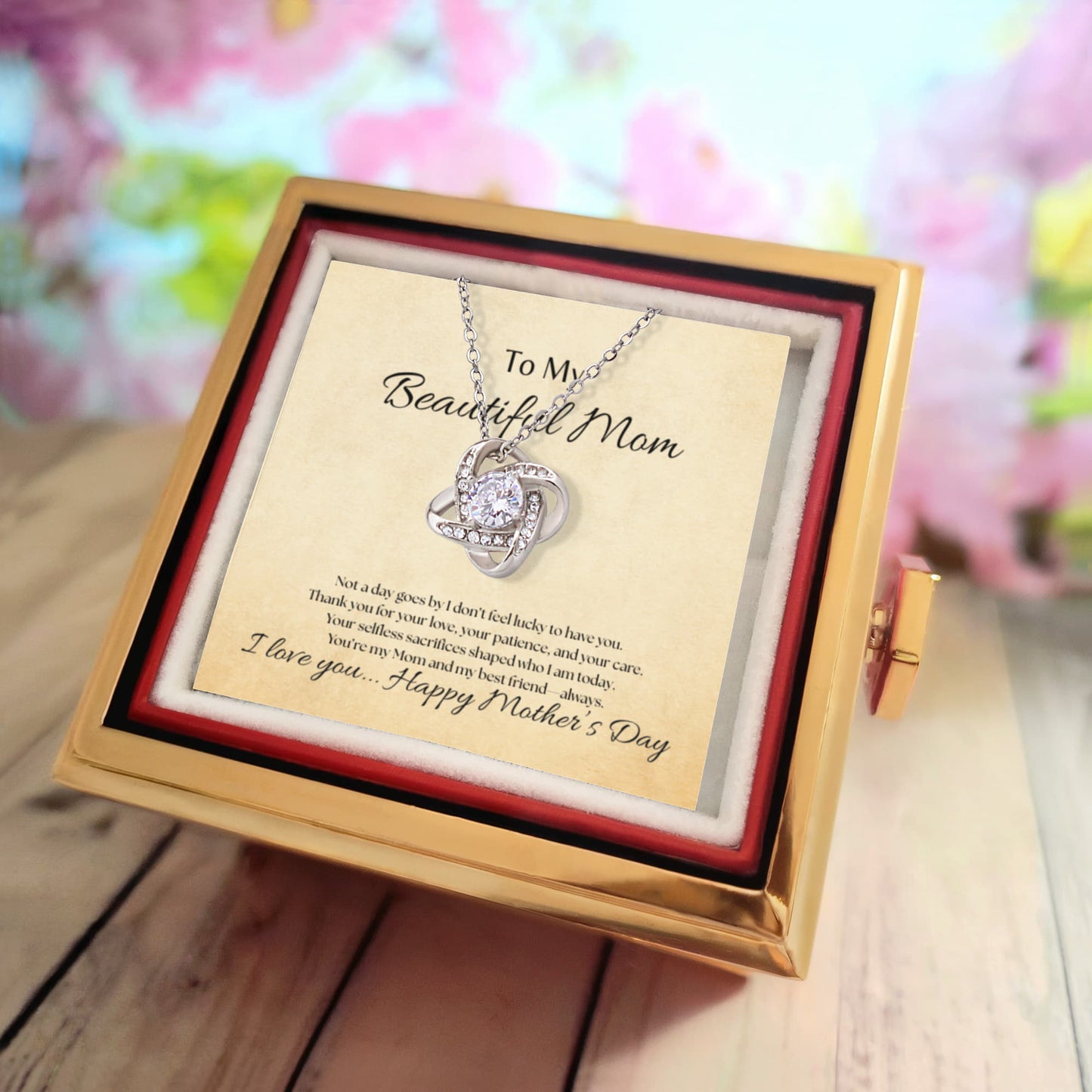 "To My Beautiful Mom" Message Card with Rotating Love Knot Necklace – The Perfect Mother's Day Gift 🌹