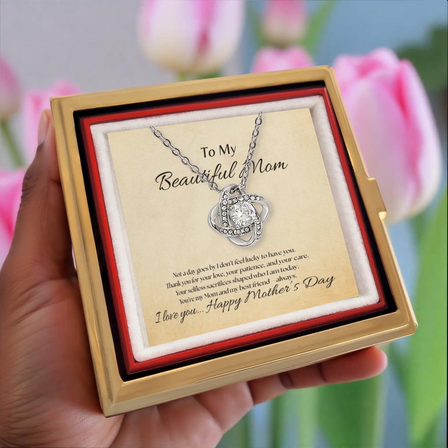 "To My Beautiful Mom" Message Card with Rotating Love Knot Necklace – The Perfect Mother's Day Gift 🌹
